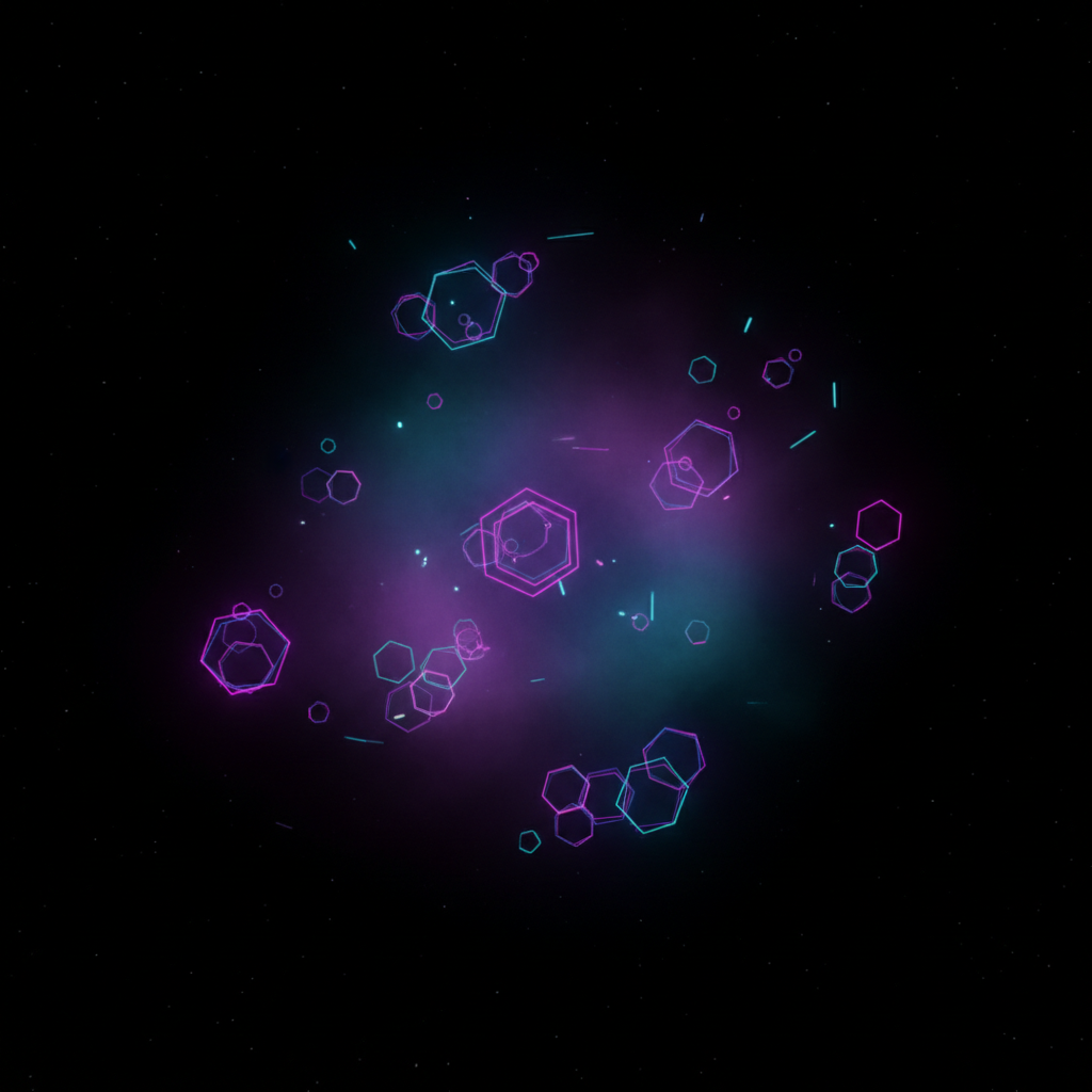 Floating neon galaxy of hexagons symbolizing multi-source data streaming into Cognition